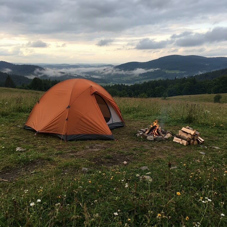 A burnt-orange tent rests in a flower-speckled meadow in Germany’s Black Forest. Low clouds drift over the distant valley as a small campfire flickers beside a neat stack of wood.