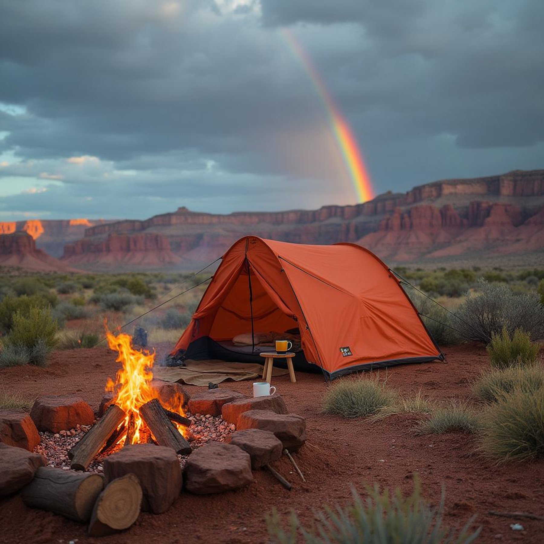 A coral tent rests among the rolling hills of Capitol Reef National Park. Nearby, marshmallows roast over a warm campfire beside a mug on a log, while a bright double rainbow arches across the sky.