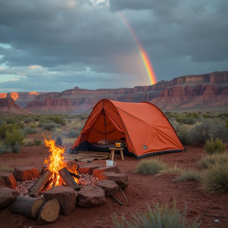 A coral tent rests among the rolling hills of Capitol Reef National Park. Nearby, marshmallows roast over a warm campfire beside a mug on a log, while a bright double rainbow arches across the sky.
