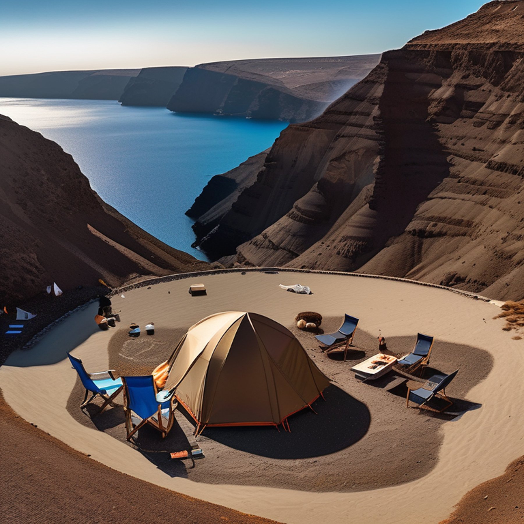 A cozy brown tent sits beside a glowing campfire on a rocky patch in Santorini. Camping chairs, large stone slabs, and surfers surround the peaceful spot beneath the moon and colorful northern lights.