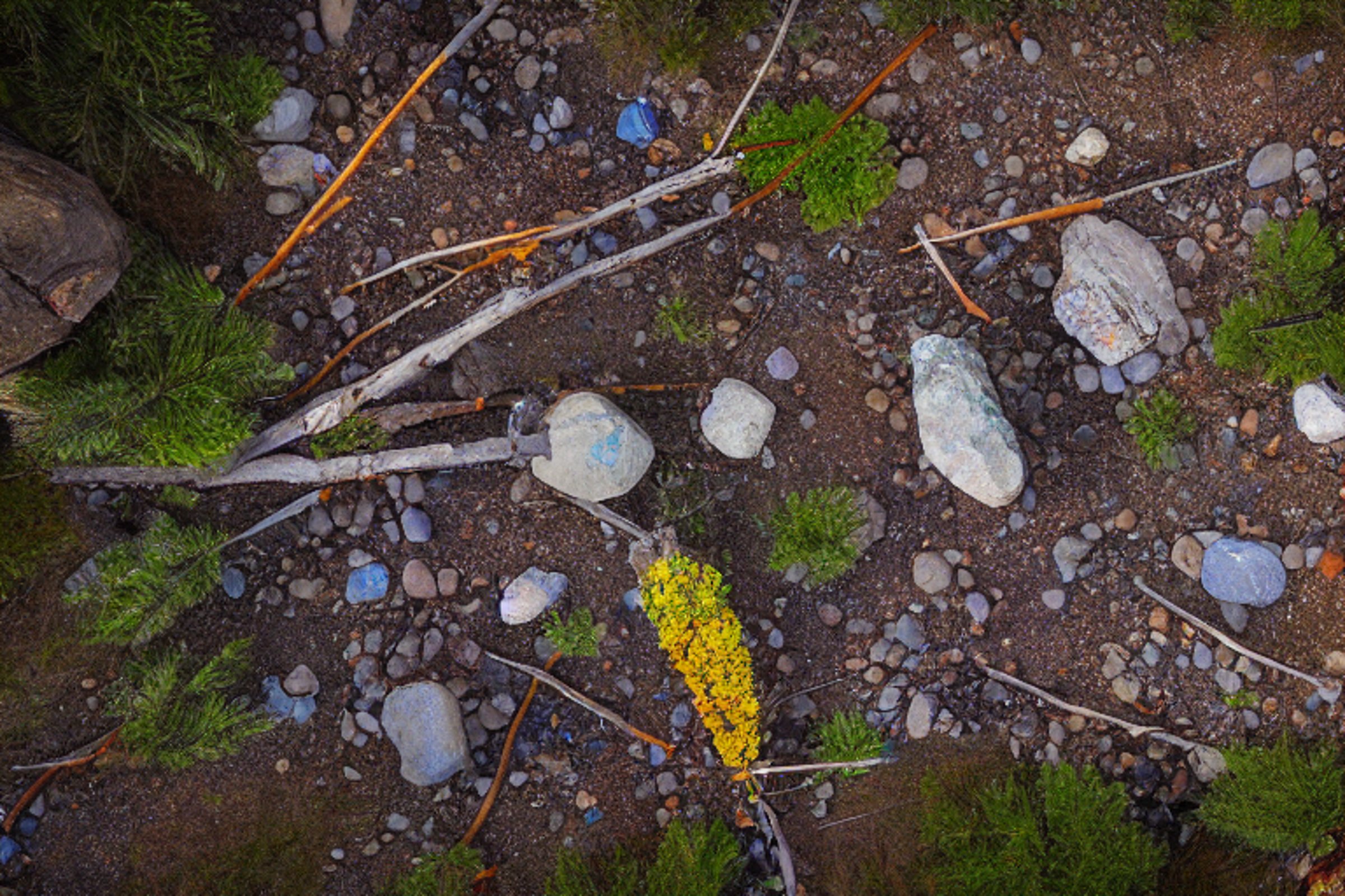 A colorful tent rests on a rocky dirt campsite beneath a clear, star-filled sky. A warm campfire glows beside a large log, with boulders and wild twigs scattered around.