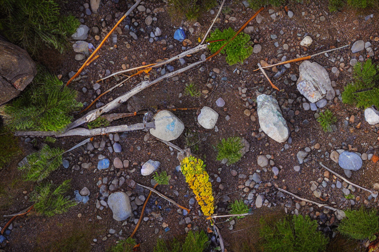 A colorful tent rests on a rocky dirt campsite beneath a clear, star-filled sky. A warm campfire glows beside a large log, with boulders and wild twigs scattered around.