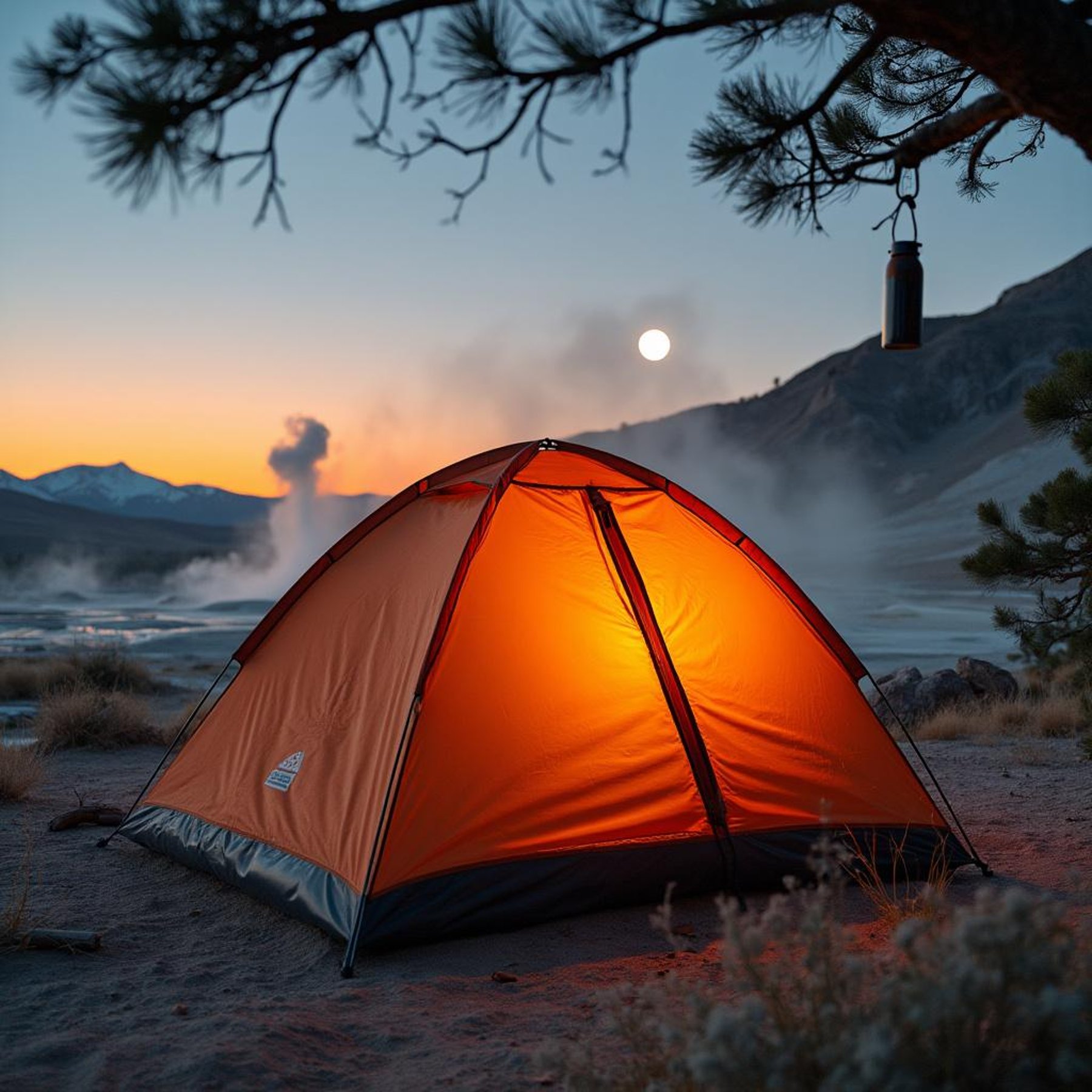 An orange inflatable tent rests among the sweeping sand dunes as the sun sets and the moon rises. Snow swirls through the air while distant geysers burst behind the camp, creating a wild and dreamy scene.