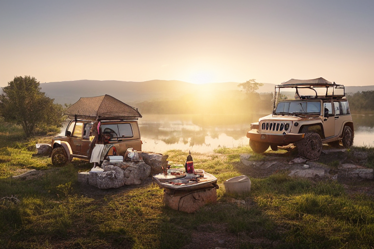 A brown Jeep with an open rooftop tent rests on a rocky campsite beside a quiet lake. Sunset light glows through the fog, while clothes hang on a line and berry bushes grow nearby. Large stone slabs and rough ground give the campsite a wild, peaceful feel.