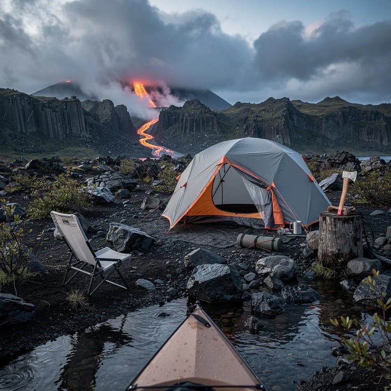 A cozy gray-and-orange dome tent sits on wet, rocky ground beside a small winding stream. Dark storm clouds hang over the volcanic hills, with a faint warm glow on the far horizon. An empty camp chair faces the water, and an axe rests in a worn tree stump nearby. In the distance, basalt ridges and a gentle, steaming lava flow make the scene feel wild and brave.
