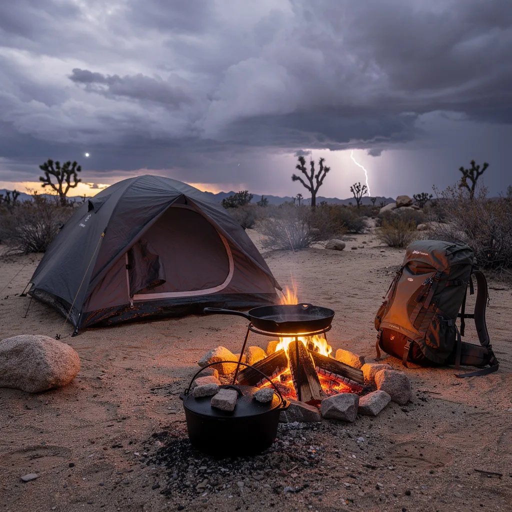 A dark tent sits on sandy ground in the quiet desert as thick clouds cover the sky. A small fire glows in a stone ring, warming a skillet and a dutch oven while a little smoke drifts up. Joshua trees stand far off on the horizon, and a flash of lightning lights the clouds for a moment.