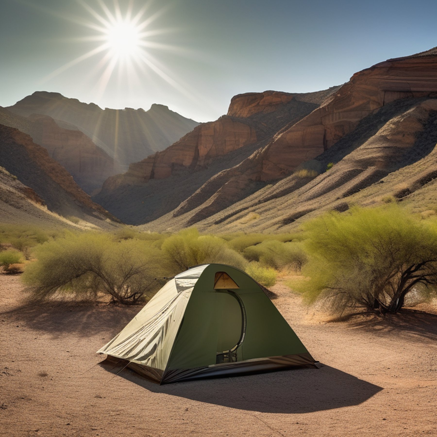 A green camo tent rests on a sunny paved campsite in Big Bend National Park. Rolling hills stretch into the distance, while logs circle a cozy campfire on the dirt. A winding dirt path invites you to explore.