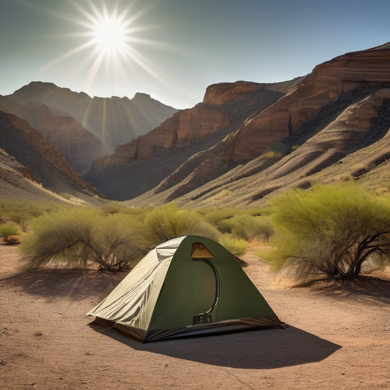 A green camo tent rests on a sunny paved campsite in Big Bend National Park. Rolling hills stretch into the distance, while logs circle a cozy campfire on the dirt. A winding dirt path invites you to explore.
