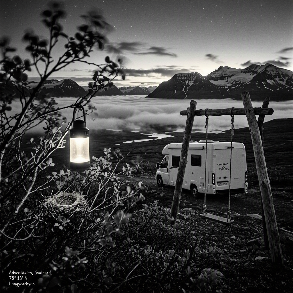 A white camper van rests among low Arctic shrubs beneath jagged mountains. A small lantern glows beside a bird’s nest and a quiet rope swing. Below, a sea of clouds fills the valley as the first stars appear.