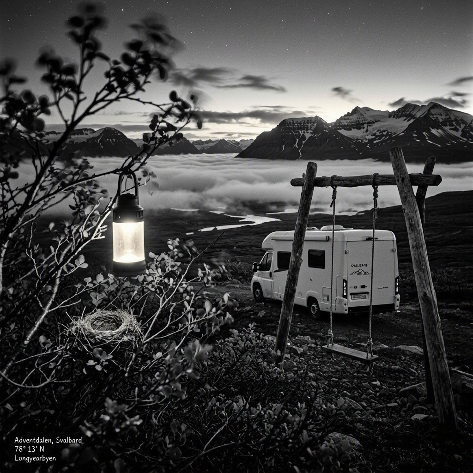 A white camper van rests among low Arctic shrubs beneath jagged mountains. A small lantern glows beside a bird’s nest and a quiet rope swing. Below, a sea of clouds fills the valley as the first stars appear.