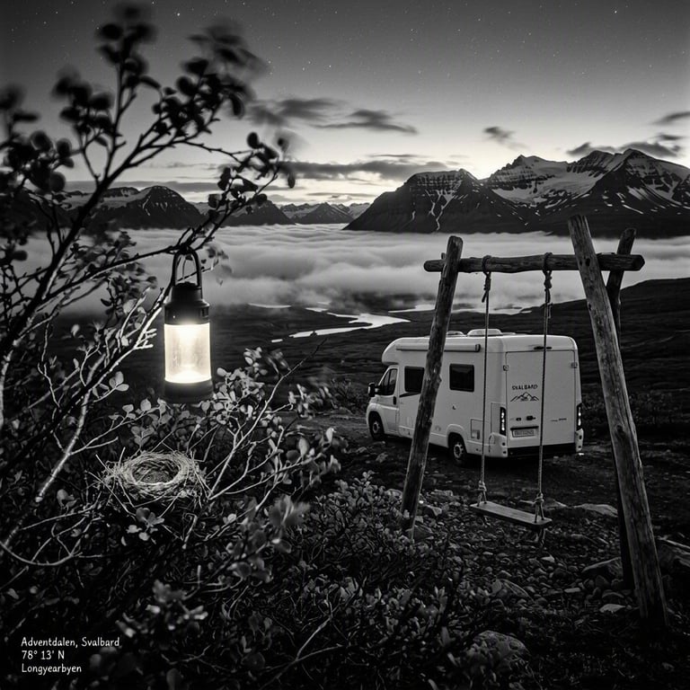 A white camper van rests among low Arctic shrubs beneath jagged mountains. A small lantern glows beside a bird’s nest and a quiet rope swing. Below, a sea of clouds fills the valley as the first stars appear.