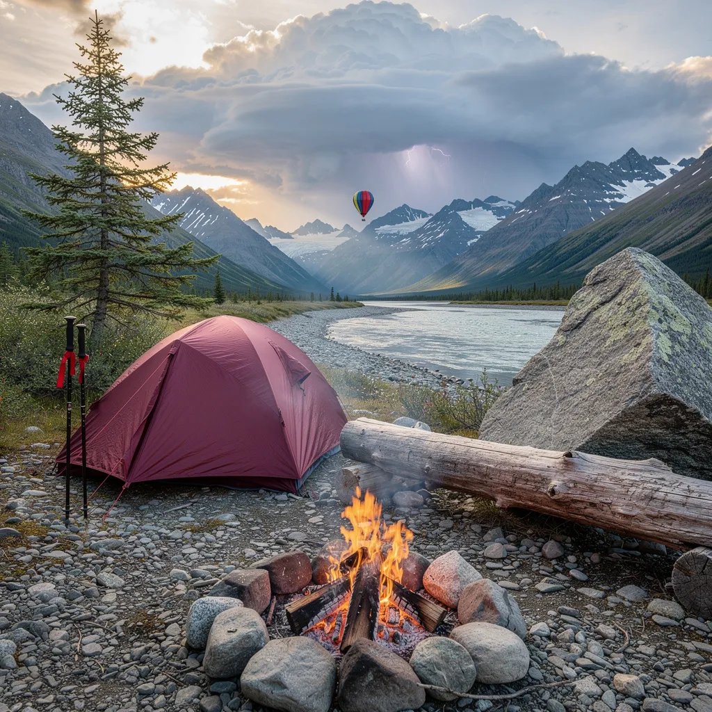 A maroon tent sits on a gravel riverbank in a wide Alaska valley, with tall spruce trees and snowy mountains far away. A small campfire flickers in a stone ring beside a big old log and a giant granite boulder. Dark storm clouds roll in, but soft late-day sunshine still breaks through. Far above the valley, a tiny hot air balloon floats in the distance.