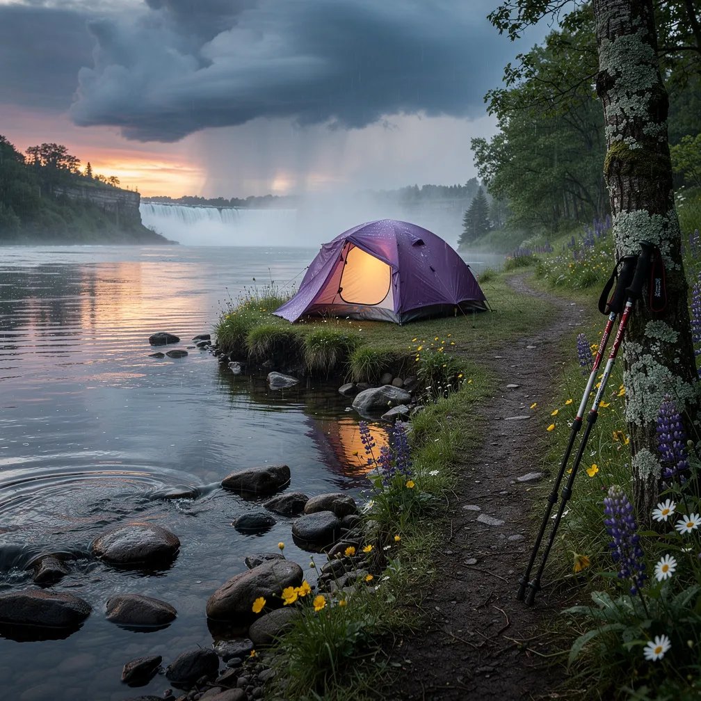 A purple tent glows warmly on a grassy hill beside a misty lake as storm clouds gather at dusk. A small stream winds through the campsite past wet wildflowers and a narrow dirt path. Smooth stones line the shore, and the water ripples quietly in the cool twilight.