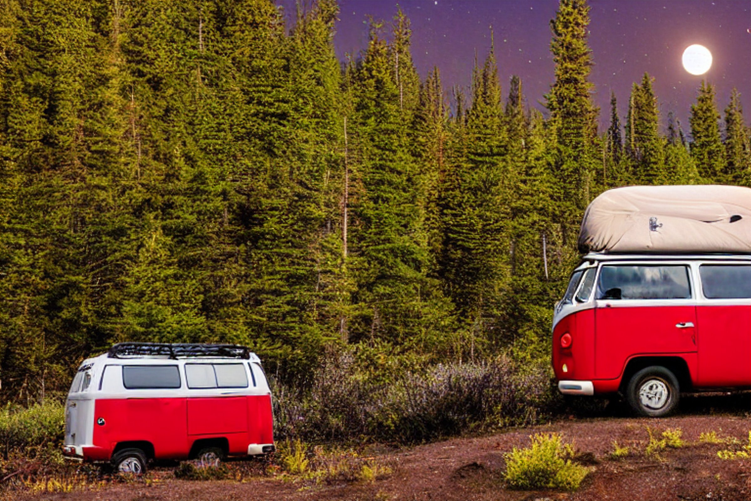 A red campervan rests in an Alaskan wilderness camp as the sun sets. A warm campfire glows on the dirt, with a backpack and hiking path nearby. Bushes frame the peaceful scene, while the moon rises in the clear sky.