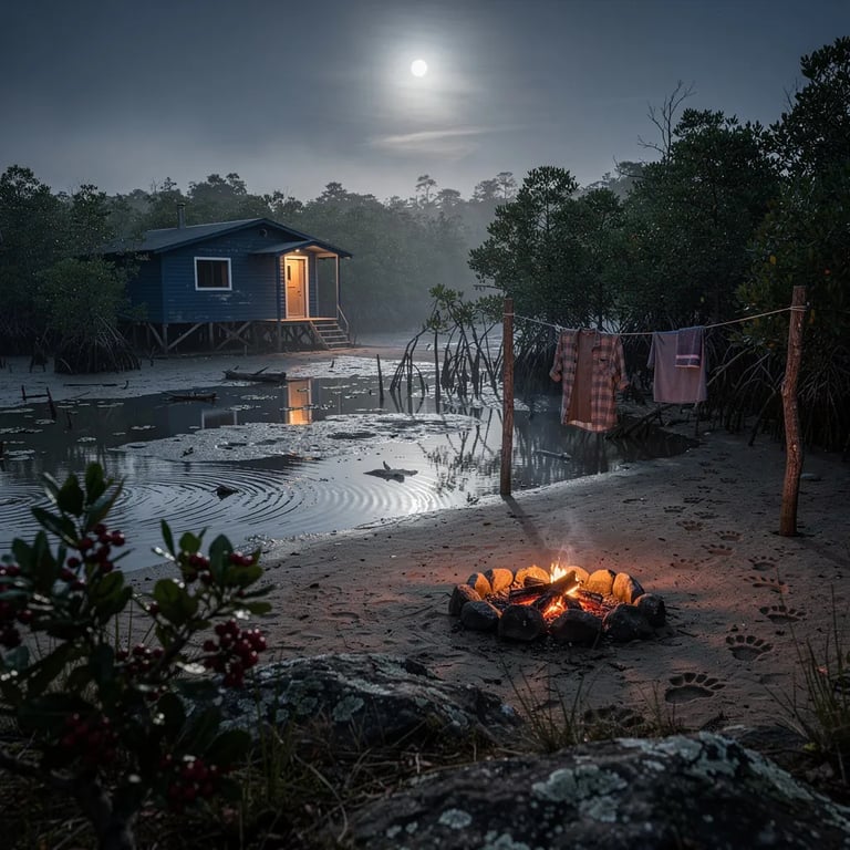 A full moon shines over a quiet mangrove lagoon, and its light ripples on the water through a soft mist. A deep-blue cabin on short stilts sits by the shore, with a clothesline holding a few damp shirts. Nearby, a small fire sends thin smoke into the cool night air, and fresh animal tracks mark the wet mud.
