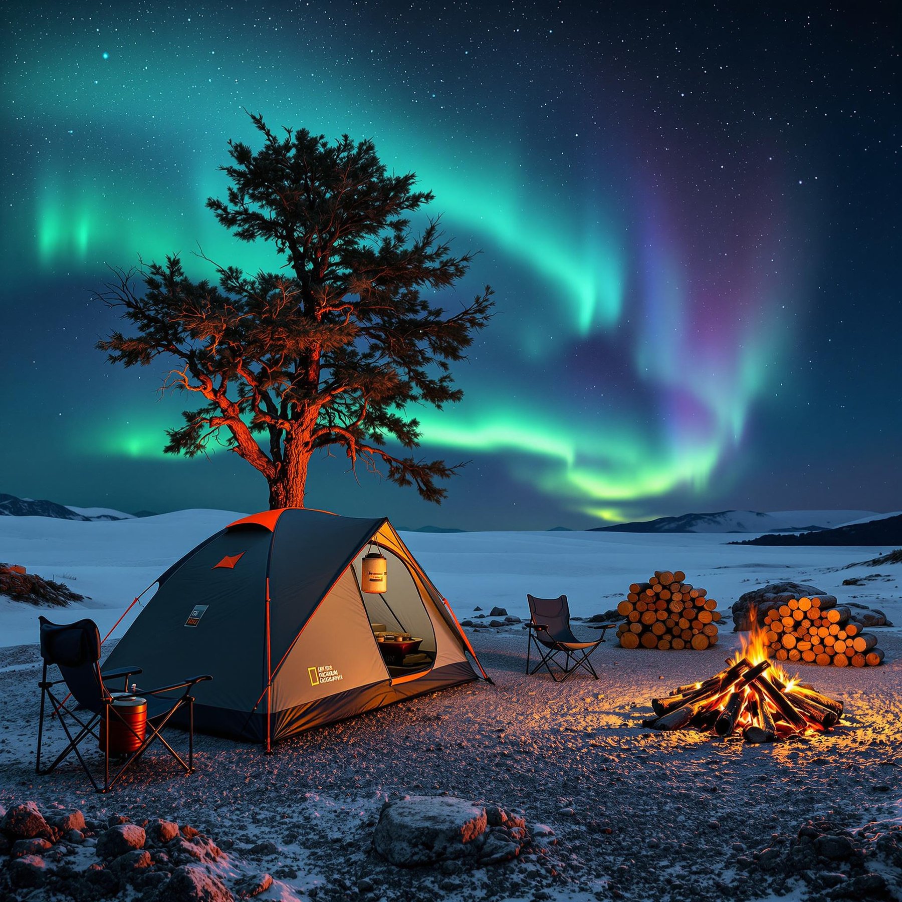 A gray and orange tent opens to the snowy dunes of White Sands under glowing green auroras. Sleeting skies shimmer above the gravel campsite, where chairs, firewood, and a warm campfire create a cozy glow.