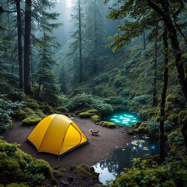 A bright yellow tent rests in a lush valley surrounded by mossy trees and thick bushes. Snow swirls through the air as a squirrel dashes across the dirt. Nearby, a small pond glows with magical blue-green algae.