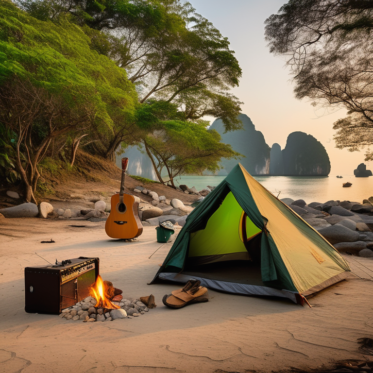 A green and tan tent rests on a quiet paved campsite in Halong Bay as the sun sets. Stones, camping gear, and a wooden guitar surround the campfire, creating a warm and peaceful evening scene.