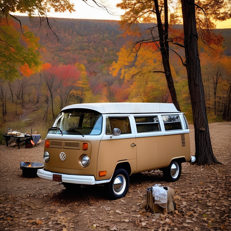 A tan campervan rests beside a warm campfire on a quiet dirt clearing. Bright fall trees surround the campsite, with misty mountains rising in the distance beneath cloudy skies. A clothesline hangs nearby, and a small flashlight glows in the fading light.