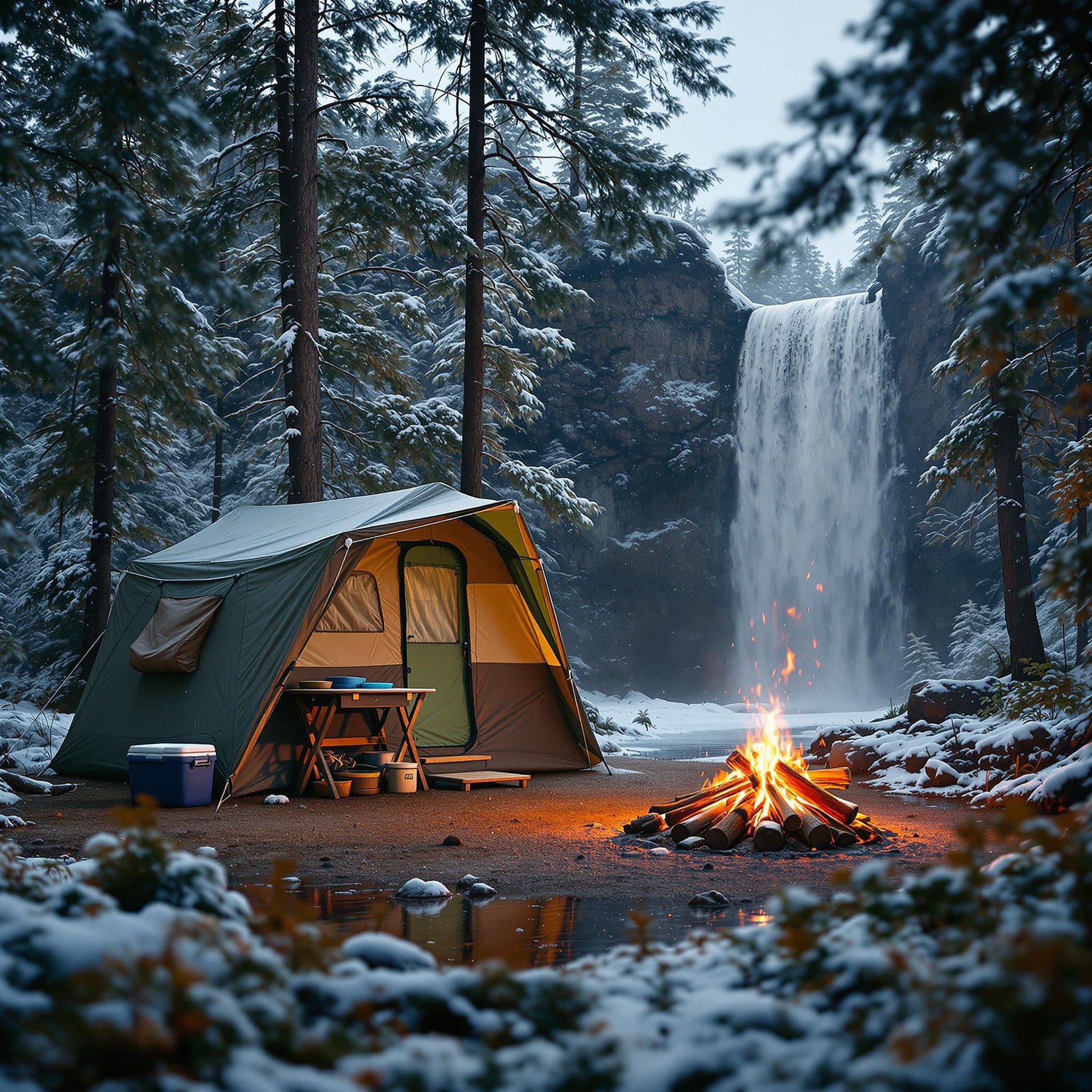 A green-and-tan truck bed tent rests in a quiet, snowy grove at dusk. A warm campfire glows beside the tent, with a cooler nearby. Waterfall mist frames the peaceful campsite.
