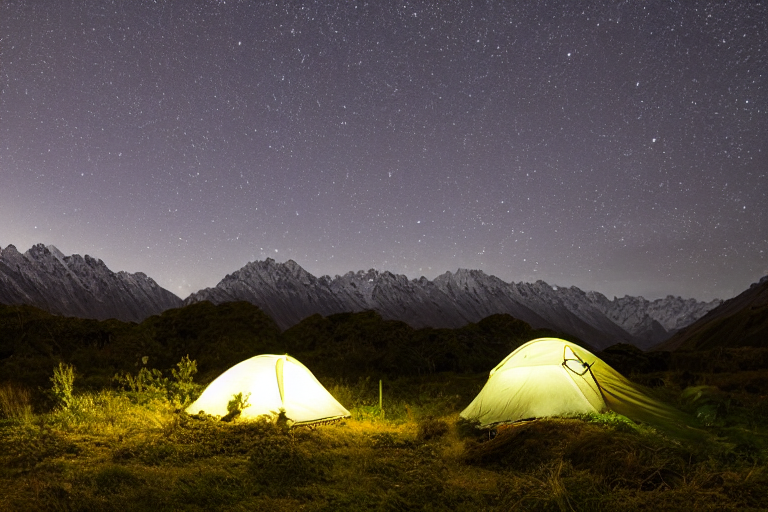 A forest-green tent rests beside a paved campsite in Mount Cook National Park. A hammock hangs between the trees, while small flowers grow around a patch of dirt. Under the cloudy dusk sky, a distant camper shines a flashlight through the peaceful forest.