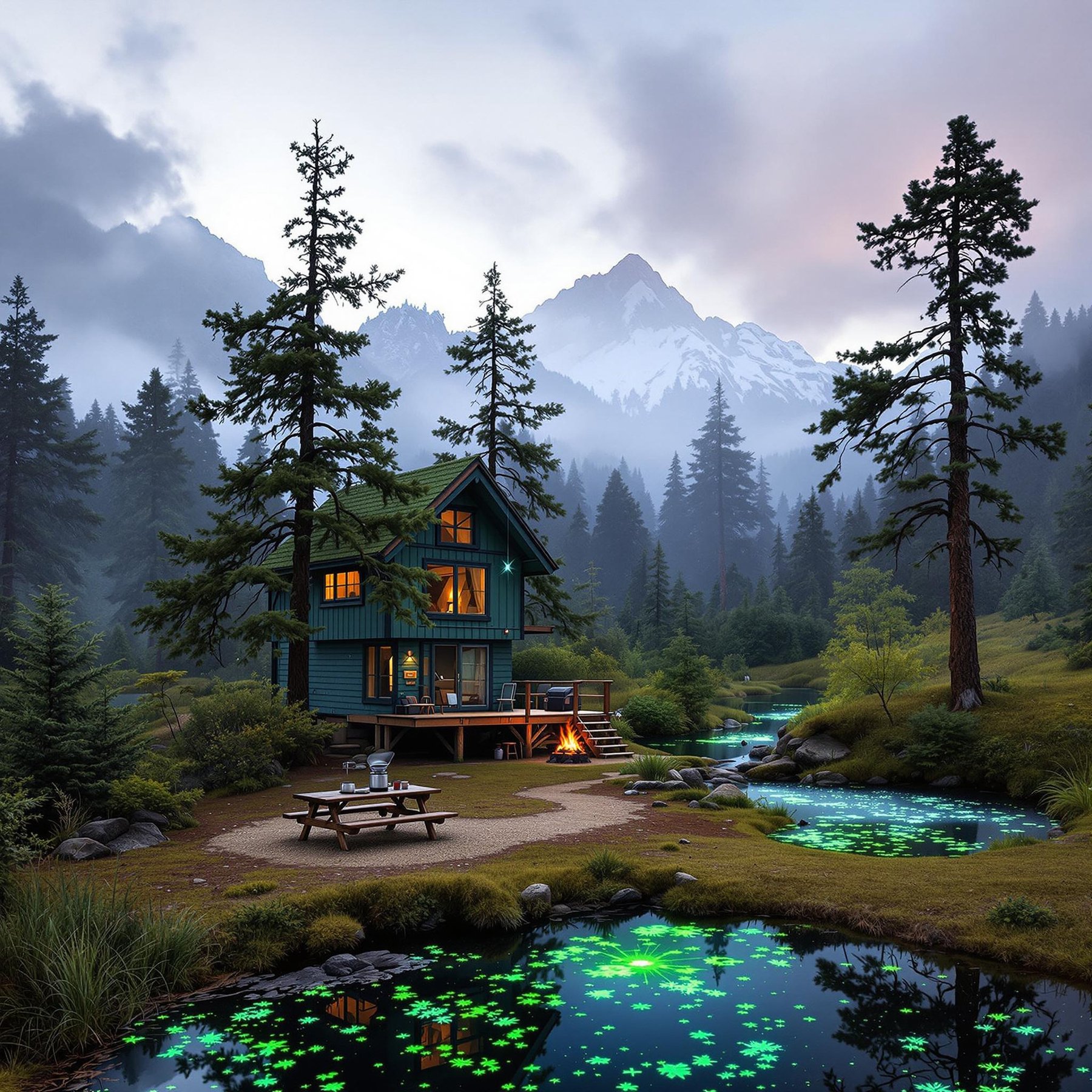 This cozy cabin sits by a glowing stream in a forest full of tall pine trees and snowy mountains. A campfire glows warmly outside, perfect for stories and marshmallows. The peaceful setting feels magical and safe, surrounded by nature.