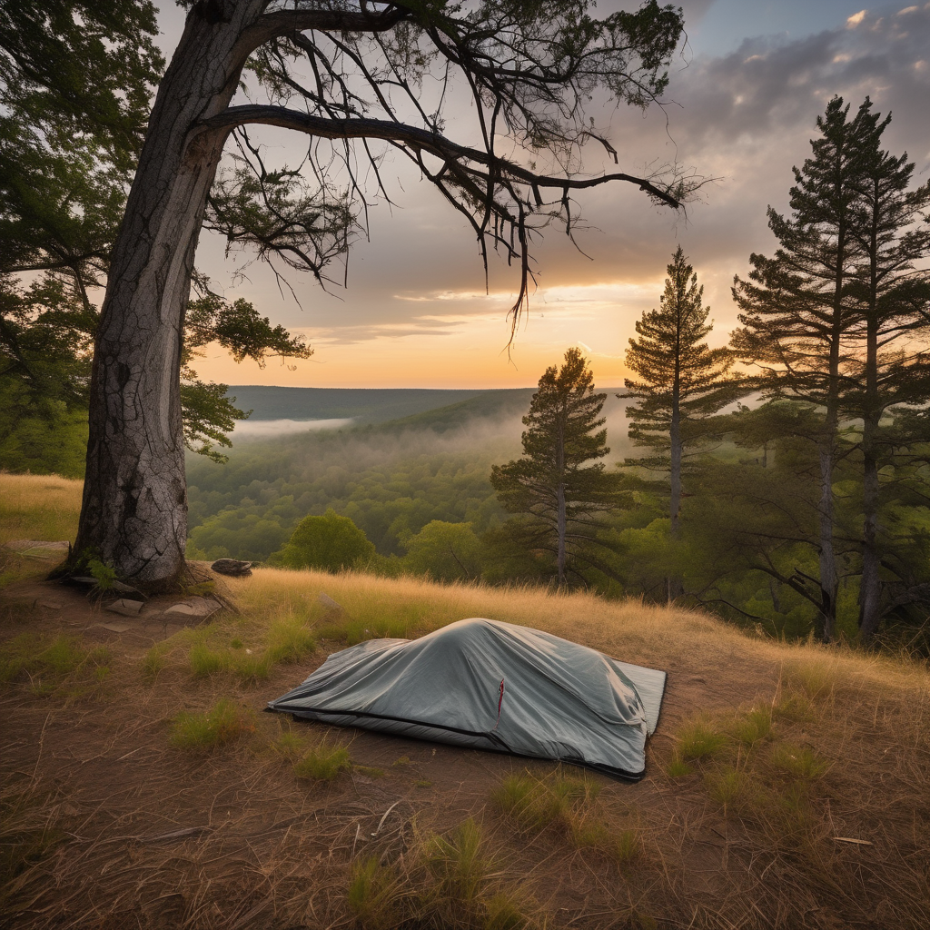 A cozy bivy sack rests at a scenic overlook among tall, overgrown grass. A spider web stretches between two trees, while a small campfire ringed by logs sits beside large stone slabs. The humid air gives the campsite a quiet, misty feel.
