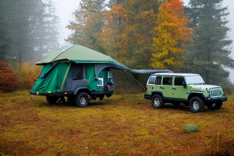 A forest green Jeep with a rooftop tent rests on a rocky campsite in Vancouver Island. Fall leaves and colorful trees surround the dirt clearing, while fog adds a calm, misty feel. Clothes hang from a nearby line, ready for a cozy outdoor stay.