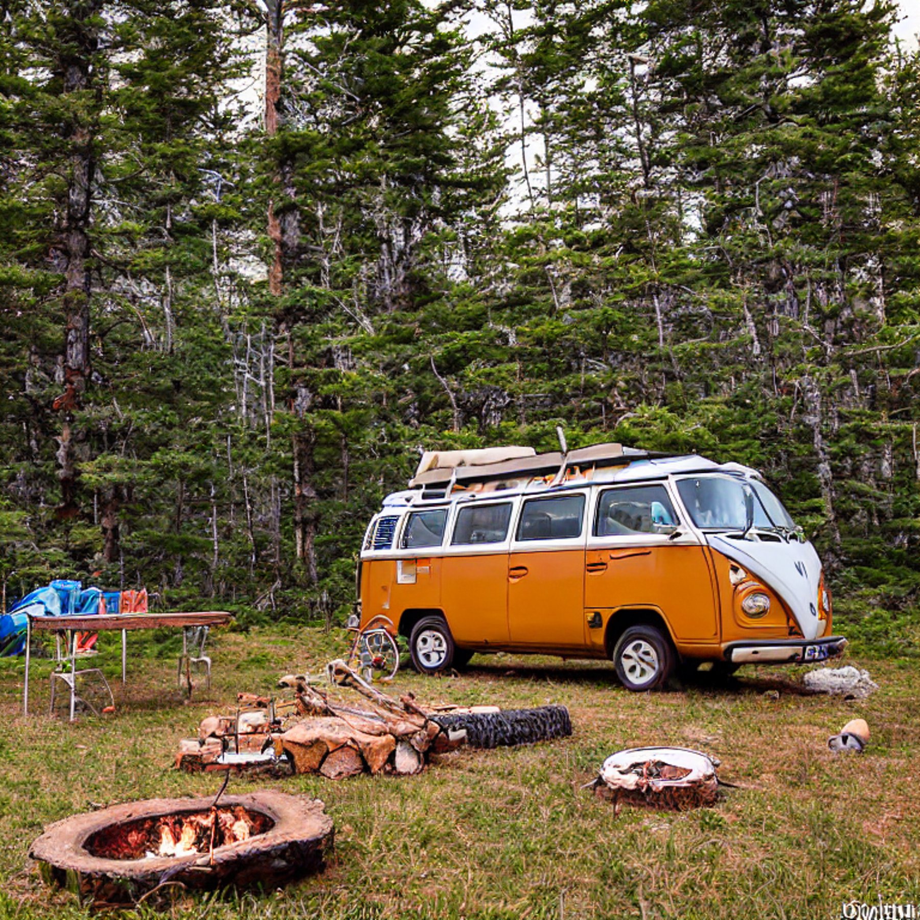 A tan campervan rests in a sunny campsite at Acadia National Park. Tall grass, rocky ground, and a clothesline surround a warm campfire glowing at sunset.