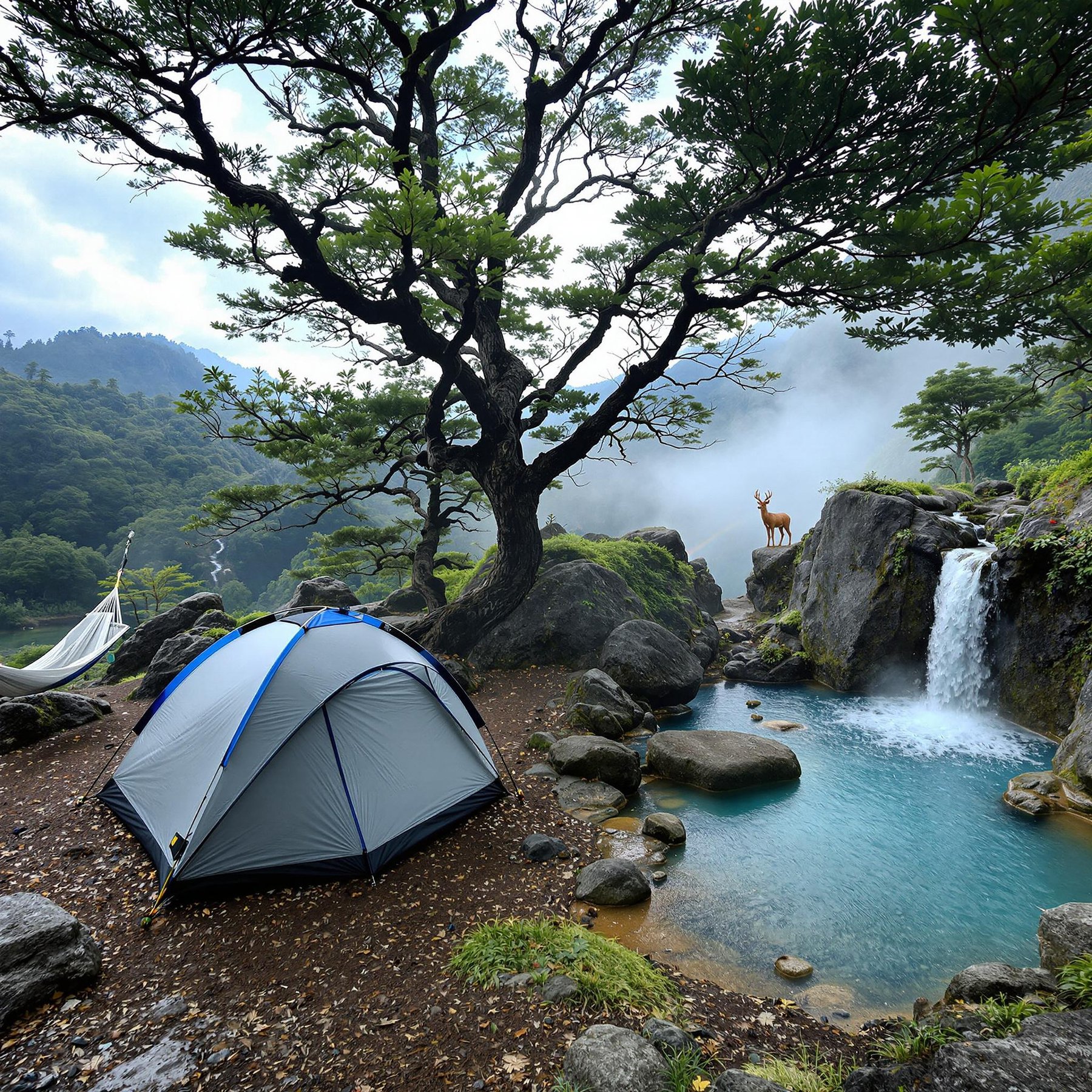 A cozy tent sits by a sparkling waterfall under a grand, leafy tree. Nearby, a curious deer stands on rocky cliffs, adding magic to the misty forest scene. The hammock sways gently, inviting you to relax in nature's peaceful embrace.