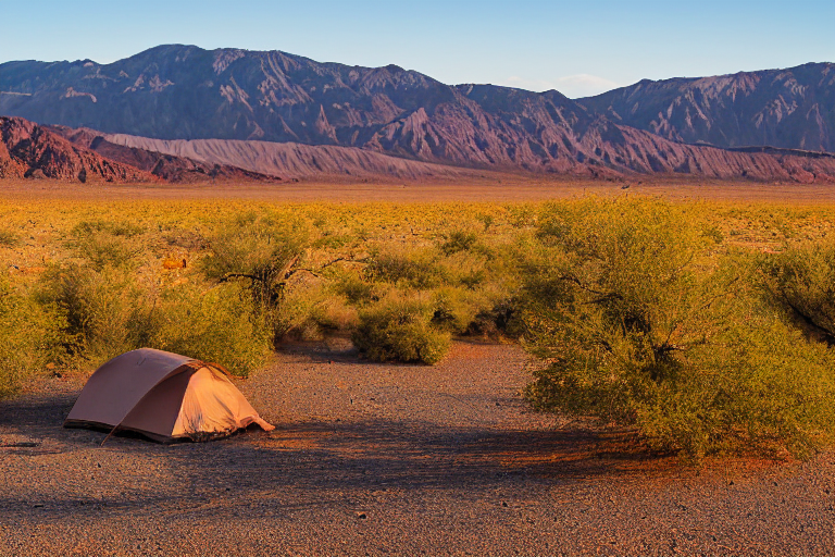A brown tent rests on a quiet dirt clearing as the sun sets over Death Valley. Tall, mossy trees glow with fall colors, while a wooden guitar lies nearby, adding a warm, peaceful feeling.