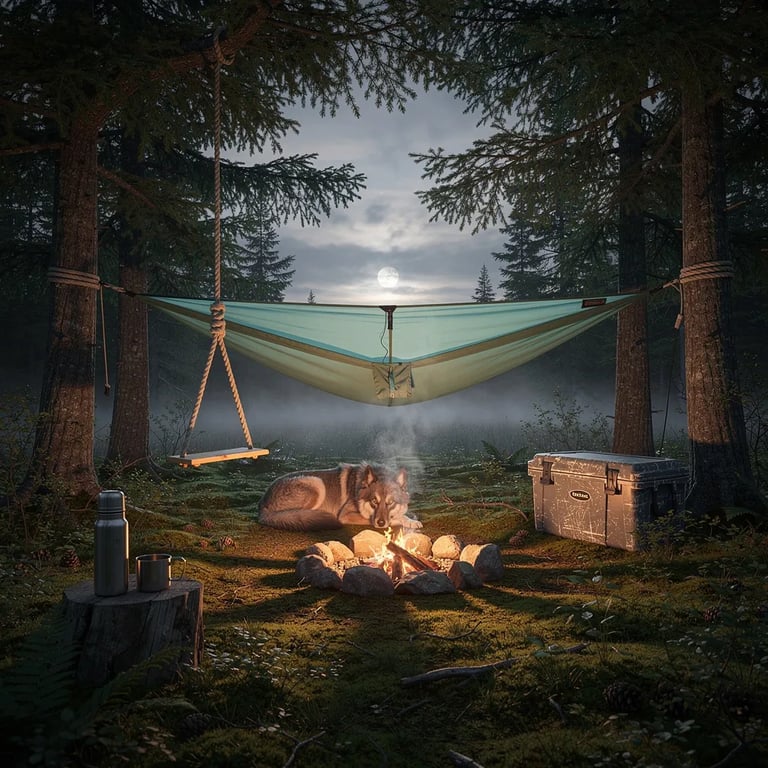 Under tall spruce trees, a quiet clearing glows at twilight as the moon rises through the cool haze. A mint-green tree tent hangs between trunks, with a cooler and a shiny thermos on a stump nearby. Low embers flicker in a stone fire ring while a sleepy dog curls up close to the warmth, and a rope swing waits in the shadows.