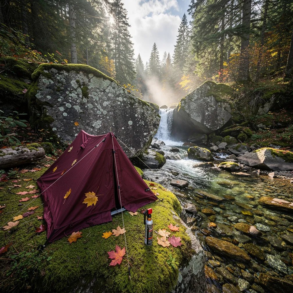 A maroon A-frame tent sits on a soft, mossy forest floor beside smooth granite rocks. A clear stream and small waterfall tumble nearby, with a light mist in the cool air. Golden and red leaves dot the ground as sunbeams slip through tall evergreen trees. A can of bear spray rests by the tent, ready for the wild.