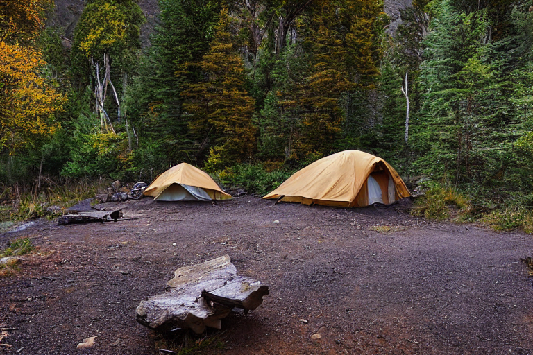 A tan tent rests beside a winding stream in Mount Cook National Park. Golden fall trees glow around the paved campsite as storm clouds fill the night sky. A large log sits near the warm campfire.