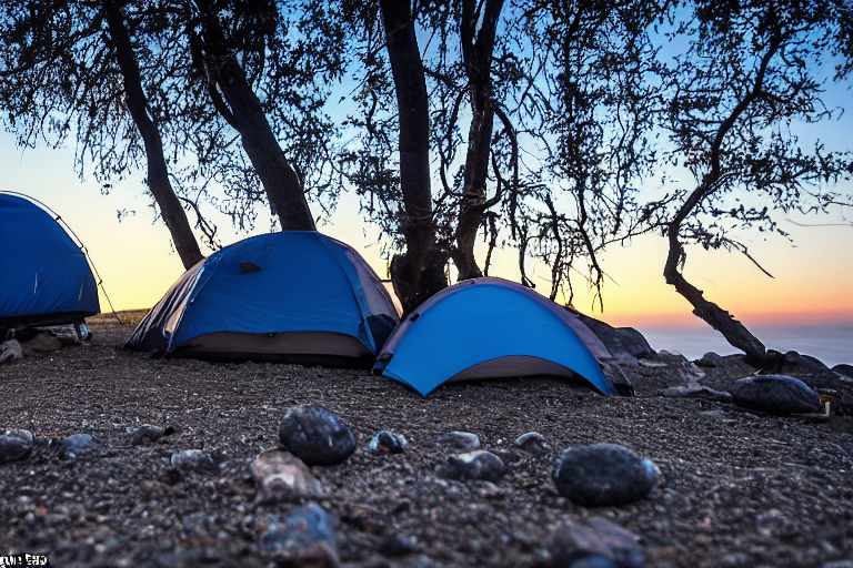 A blue-gray tent rests on a dirt campsite beside a warm campfire. At sunrise, the California coast glows with sunshine, while surfers move in the distance and a pale moon hangs overhead. Stones and a box of camping gear add a cozy outdoor feel.
