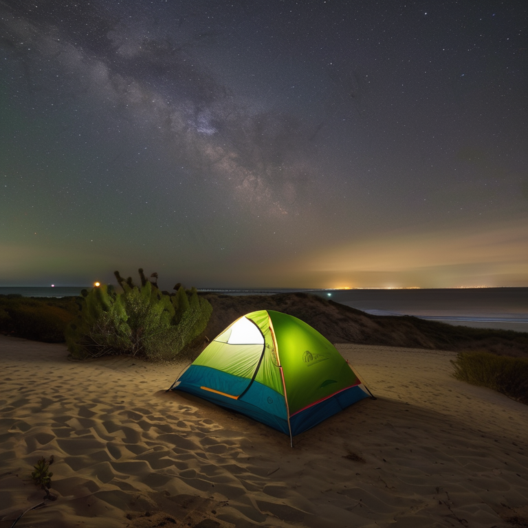 A colorful tent rests on a rough dirt campsite near San Diego Beach. Small trees surround the camp, while a lantern glows beside a nearby backpack under a sky full of stars.
