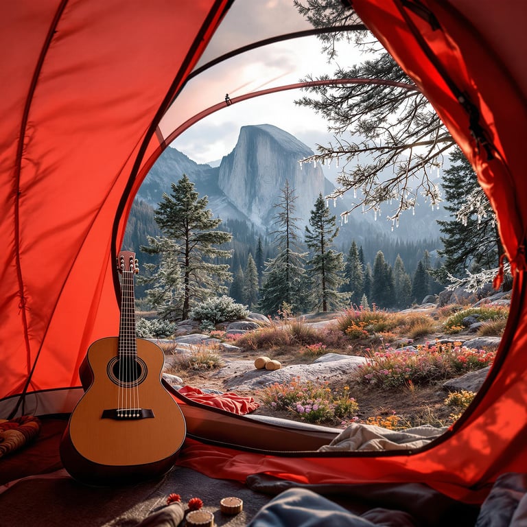 A coral dome tent rests among rough ground and wildflowers in Yosemite’s rolling hills. A wooden guitar lies nearby, while icy tree branches shimmer under dark thunderstorm clouds. The scene is viewed through a fine tent mesh, making the wild campsite feel close and cozy.