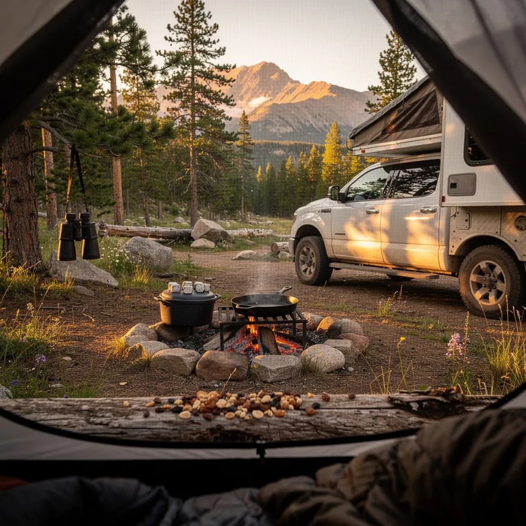 A warm sunset shines through a pine forest clearing, with faraway mountain ridges fading in the distance. A white truck camper sits by a small fire ring where a skillet and a dutch oven warm over glowing coals. Trail mix is spilled on a old log, and binoculars hang from a low branch, ready for a quiet evening watch.