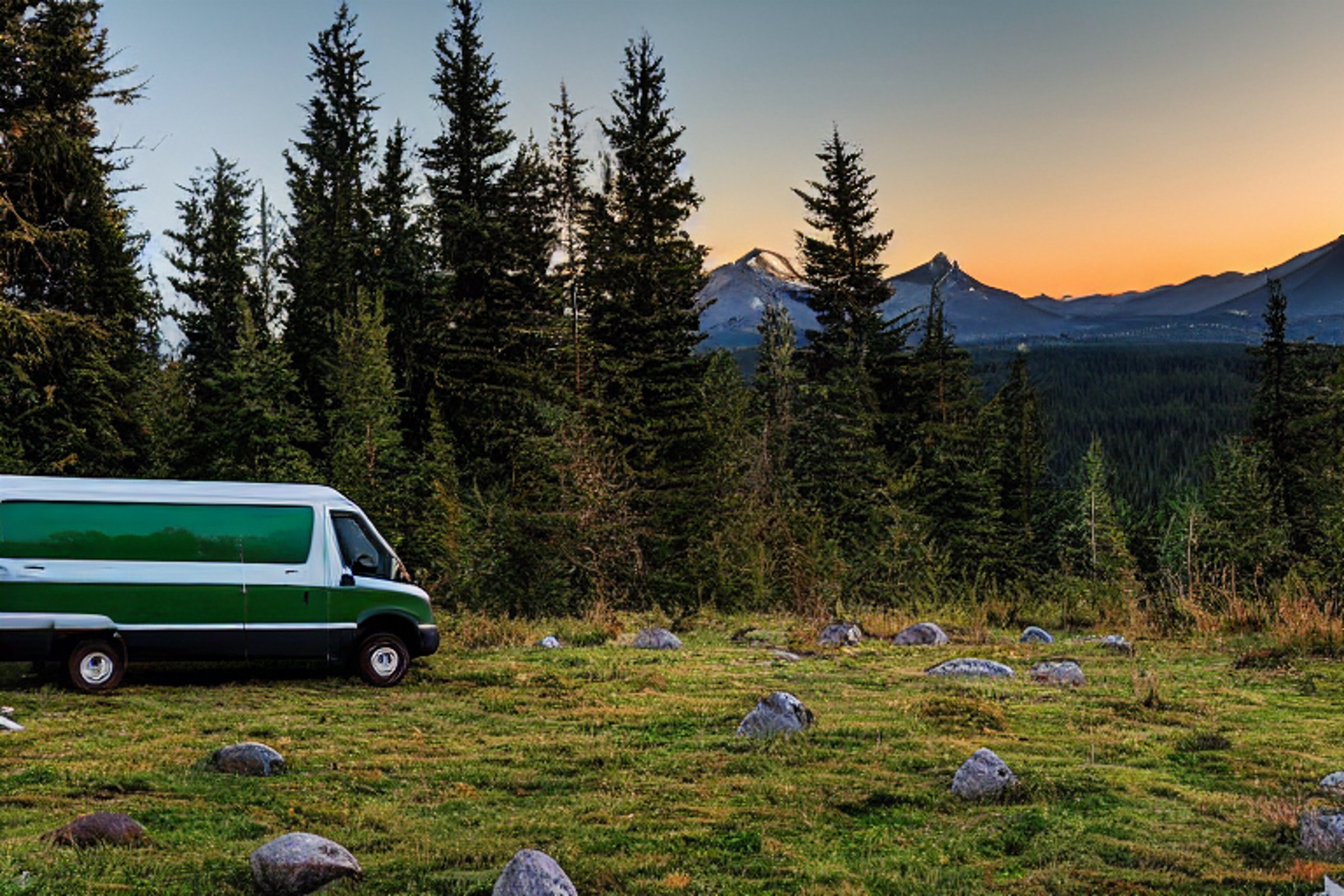 A forest-green van rests on a sunny dirt campsite surrounded by mossy trees and scattered stones. Tall mountains rise in the distance beneath a bright sky, while warm golden light fills the rugged woodland.