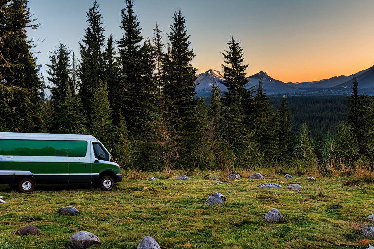 A forest-green van rests on a sunny dirt campsite surrounded by mossy trees and scattered stones. Tall mountains rise in the distance beneath a bright sky, while warm golden light fills the rugged woodland.