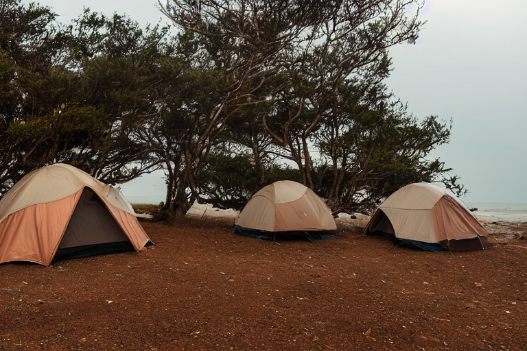 A brown tent rests beside a warm campfire on a rocky beach at dusk. Large bushes surround the rough, dirt-covered campsite, while the cloudy sky stretches over the ocean.