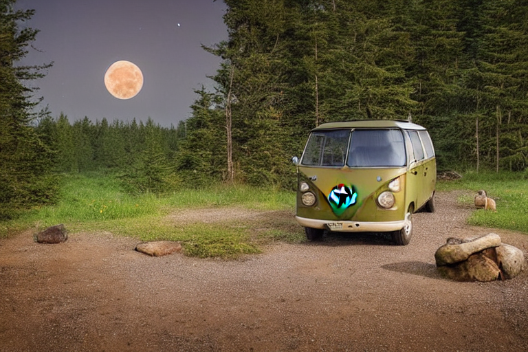 A green and tan campervan rests in a sunny forest campsite. Clothes hang from a nearby line, while gravel and a large rock add rustic charm. A pale moon hangs in the clear blue sky.