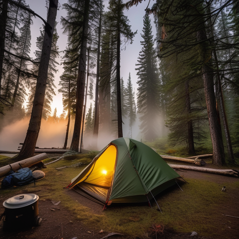 A forest-green tent rests on a quiet dirt campsite in Banff National Park. Tall trees, fallen leaves, and soft morning fog create a peaceful mood. A backpack and large log sit near the campfire spot as sunrise light filters through the woods.