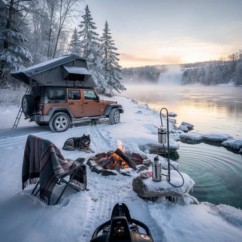 A winter camp sits near a misty river at dawn, with frosted pine trees and soft snow on the ground. A copper Jeep with a rooftop tent is parked by the woods, and a small fire glows beside a chair with a cozy wool blanket. A dog sleeps near the warmth while clear water trickles past a filter on a rock, and a blue-green spring sends up gentle steam.