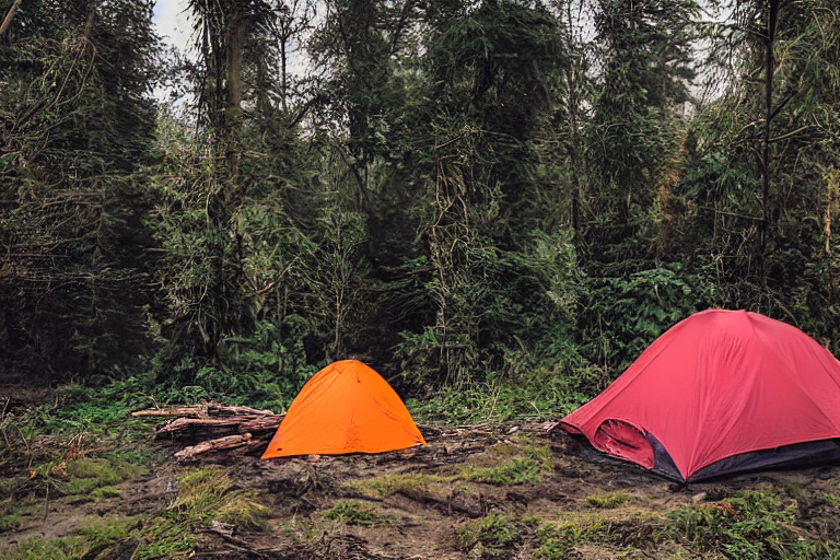 A colorful tent rests on a snowy dirt campsite on Vancouver Island. A small campfire glows beside the stream as the sun sets, creating a warm and peaceful feeling.