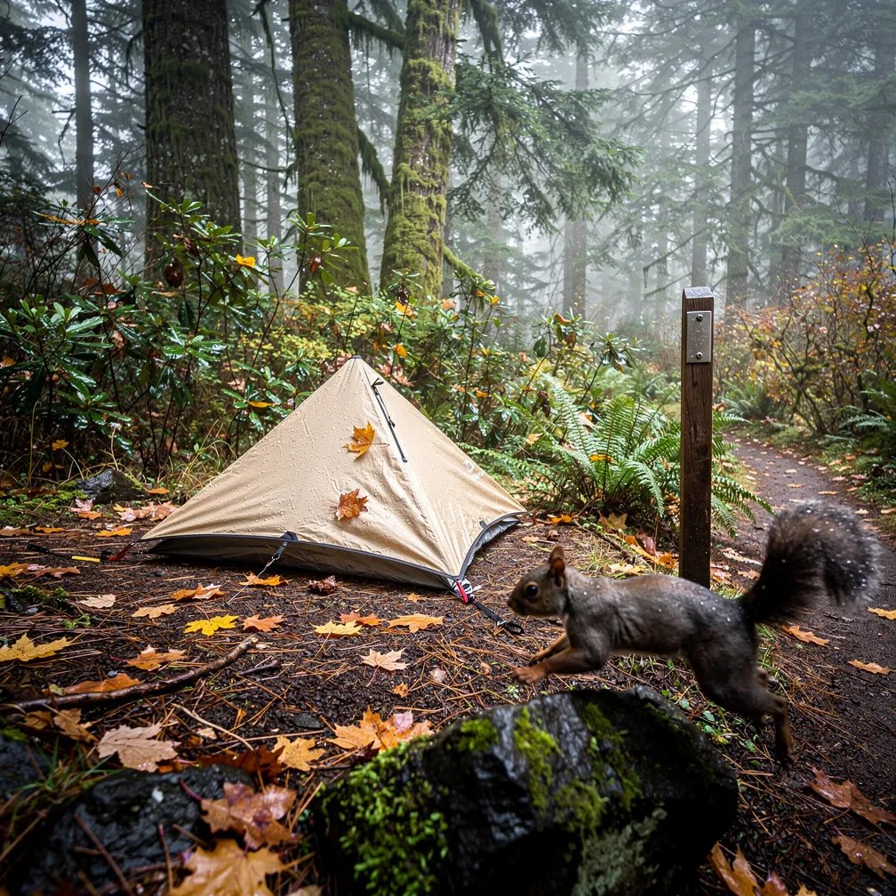 A quiet forest campsite sits on damp, leaf-covered ground after a rain. A beige bivy rests in a small clearing, with mossy rocks and thick evergreen bushes all around. Soft gray light and a little mist make the woods feel cool and calm. A squirrel darts past in the foreground, adding a spark of life.