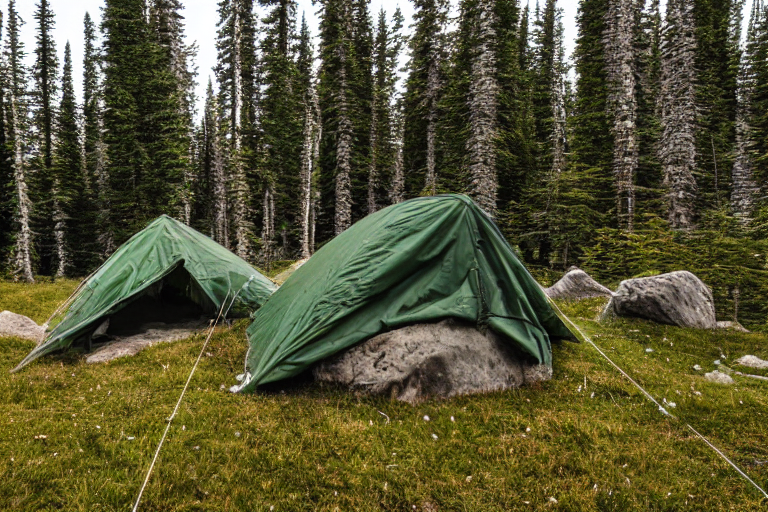 A green camo tent rests beside a quiet paved campsite in the snowy Alaska wilderness. Large stone slabs, tall grass, and a clothesline add rustic charm, while bright northern lights glow across the night sky.
