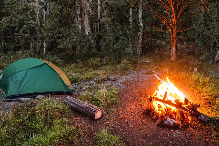 A green tent rests in a forest campsite beneath a stormy sunrise. A warm campfire glows beside the dirt path, with logs and a box of camping gear nearby.