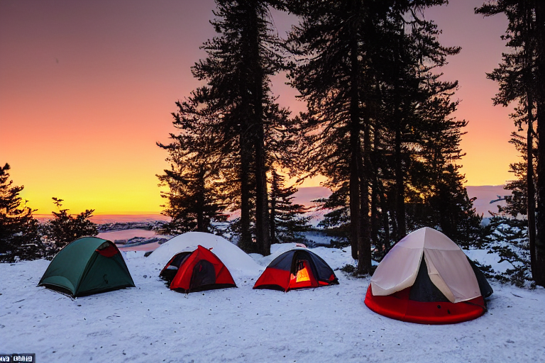 A red and white tent rests in a snowy forest clearing as the sun sets. A warm campfire glows among the stones, with chairs nearby and tall trees all around.