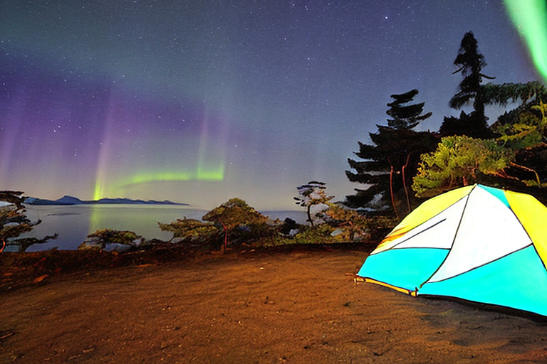 A bright blue tent rests on a quiet campsite beneath glowing green auroras. Mist drifts around the small trees, stone slabs, and a wooden log beside the campfire.